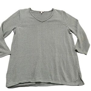 Talbots Green and White Striped V-Neck Knit Sweater Plus Size 1XL 3/4 Sleeve
